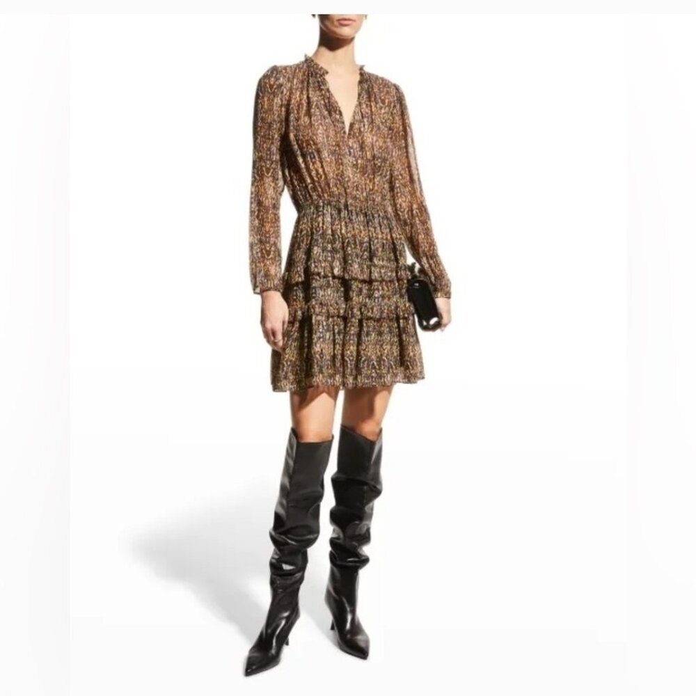 ba&sh Paris Mini Dress Sze2 Medium Printed Long Sleeve Ruffle Tiered V Neck Kaki